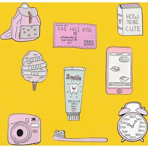 Get up early to school Alarm clock Enamel Pins book pins Pink Sweety Toothbrush Brooches Pins Backpack Gifts for student girls