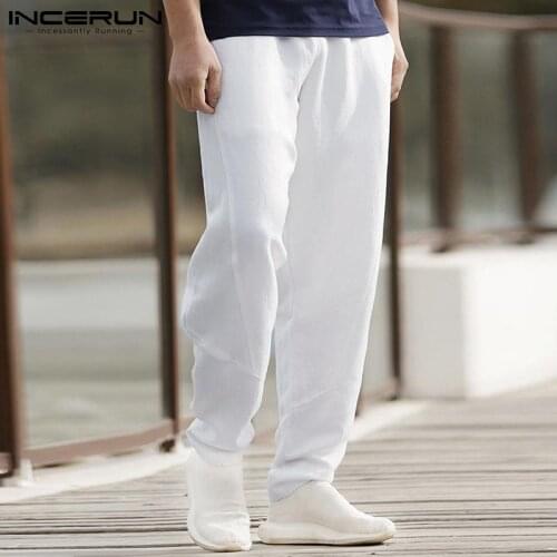 INCERUN 2021 Fashion New Mens 100% Loose Cotton Linen Trousers Solid All-match Casual Streetwear Split Line Tapered Pants S-5XL