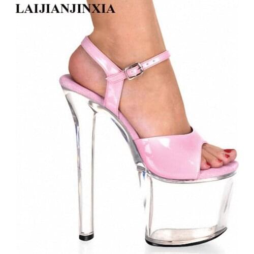 LAIJIANJINXIA Brand Fashion 20CM High Heels Transparent Crystal Shoes Sandals Wedding Shoes Back Strap Stripper Pumps Size 35-46