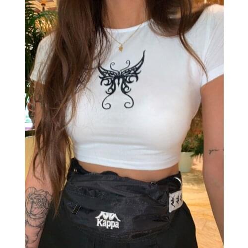Summer sexy womens new tight waist waist short section exposed navel T-shirt slim slimming butterfly embroidered top