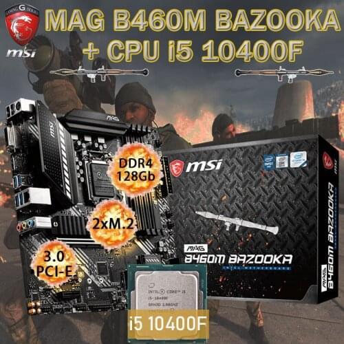 LGA 1200 Placa-mãe MSI MAG B460M BAZOOKA + Intel i5 10400F CPU Set DDR4 128GB M.2 PCI-E 3.0 Desktop Motherboard Combo Intel B460