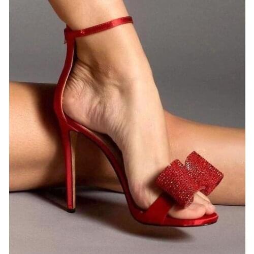 Linamong Woman Red White Nude Big Bow Ties One Line Sandals Female 12 cm Thin Heels Cover Heel Buckle Strap Party Sandals Shoes