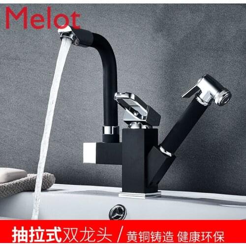 Copper Pull Basin Faucet Hot and Cold Rotating Black Frosted Paint Washbasin Telescopic Faucet