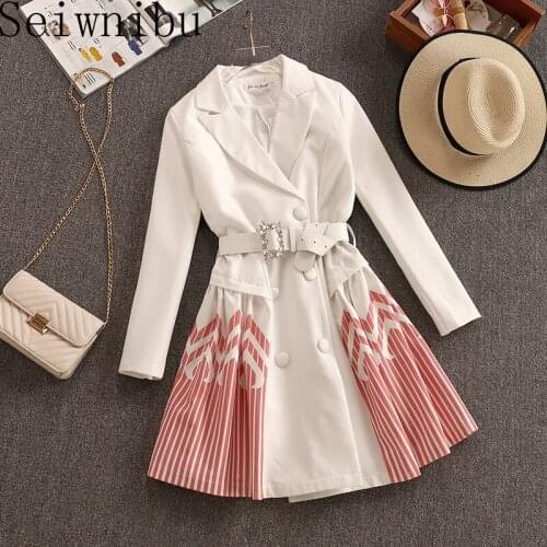 Fashion Office OL Short White Notced Collar Dress Autumn Winter Double-breasted Long Sleeve Sweet Trim Notched Blazer Belt Dress
