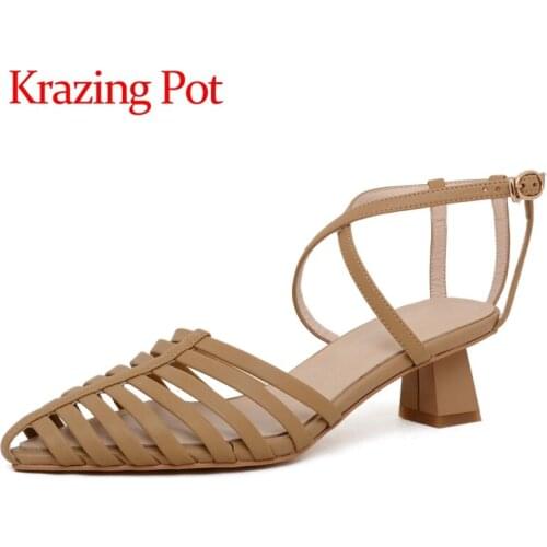 Krazing pot summer genuine leather pointed toe med heels simple style mature young lady buckle straps mules sandals women L18