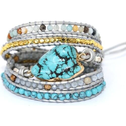 2019 newest Unique Mixed Natural Stones turquoises Charm 5 Strands Wrap Bracelets Handmade Boho Bracelet Women Leather Bracelet