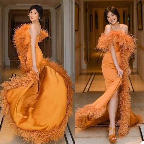 Ostrich Feather Orange Mermaid Evening Dresses Off Shoulder Front Split Fur Red Carpet Party Dress Plus Size Prom Club Gowns