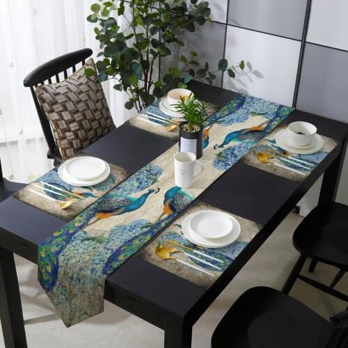 Peacock Hydrangea Retro Watercolor Table Runner and Placemat Set Table Flag Table Mats for Modern Home Party Wedding Decoration
