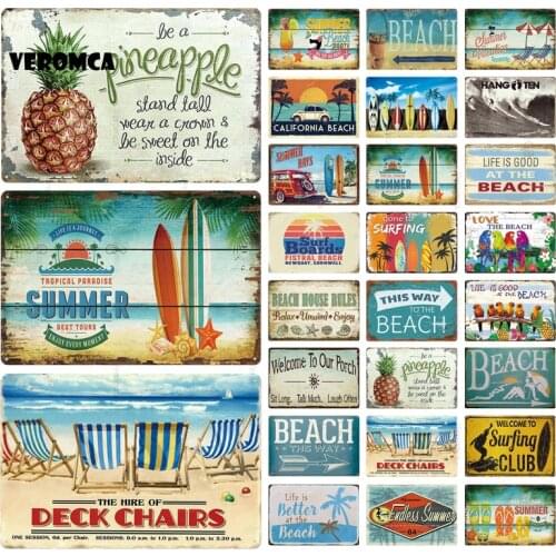 Beach Summer Tin Sign Metal Sign Vintage Pineapple Retro Plates Plaque Sign Metal Wall Decor Wall Poster for Kitchen Decoration