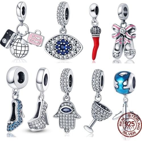 925 Sterling Silver Blue Elegant White Zircon High Heels Charm Fit Original 3mm Bracelet&Bangle Making Fashion DIY Jewelry