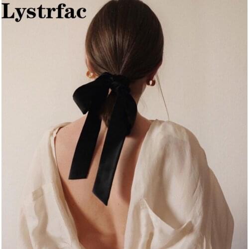 Lystrfac Vintage Black Velvet Bow Hair Ribbon Scrunchie for Women Girls Long Elastic Hair Tie Headwear Female Hair Accessories