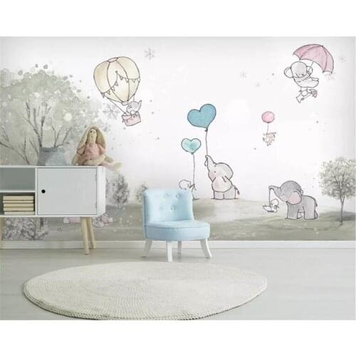 Custom 3d Self Adhesive wallpaper lovely cartoon Elephant Cartoon bear hot air balloon animal room background wall Waterproof