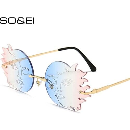 SO&EI Fashion Rimless Unique Polygonal Moon Smiley Sunglasses Women Vintage Gradient Lens Eyewear Shades UV400 Sun Glasses Men