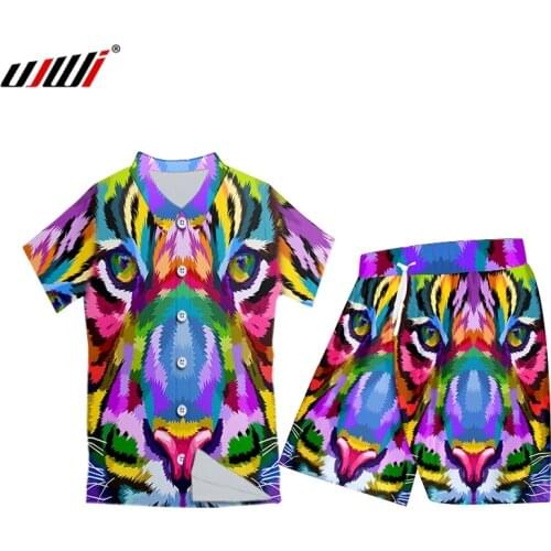 UJWI Mens Hawaiian Shirt Casual Button Colorful Animal Tiger Print Pants Vest Two-piece Suit Unisex Trend Cardigan Suppliers