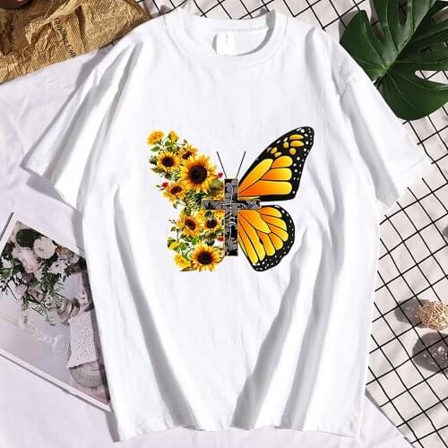 Vintage Sunflower Butterfly Printing Woman Tshirts Summer Plus Size O-neck T Shirt Aesthetic Femme T-shirt Women Tops Ropa Mujer