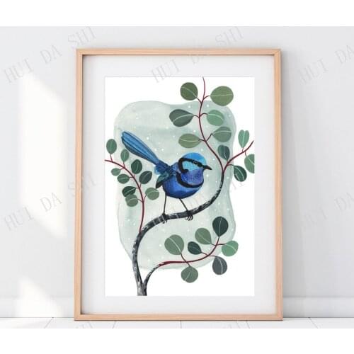 Splendid Fairywren Blue wren Native bird watercolour art print Silver Dollar Eucalyptus