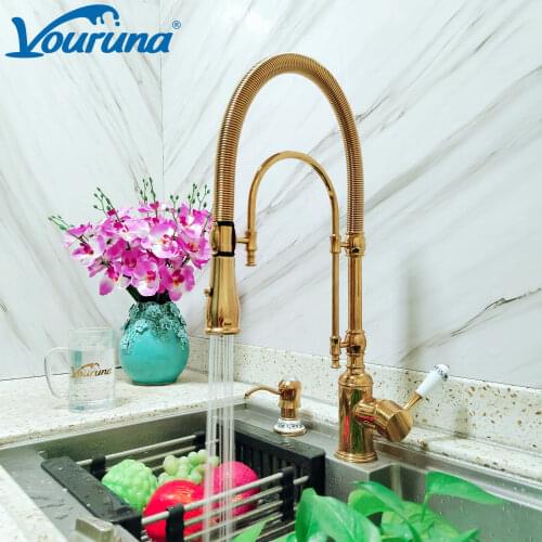 VOURUNA Luxurious Premium Commercial Pre-Rinse Golden Pull Down Spring Kitchen Faucet Chrome Gooseneck Pull out Sink Mixer Tap