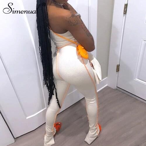 Simenual Fitness Casual Sporty Workout Two Piece Set Women Bodycon Patchwork Long Sleeve Outfits Asymmetrical Top And Pants Sets