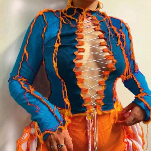 Patchwork Hot Sexy Lace Up Tie Front Top Women Long Sleeve Ribbed Party Clup Hellow Out Fashion Bodycon Bts A714