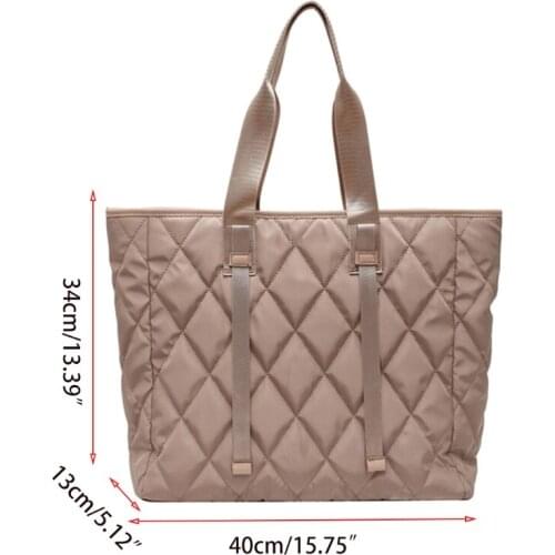 63HC Women Large Capacity Nylon Tote Bag Quilted Solid Color Work Shoulder Handbag