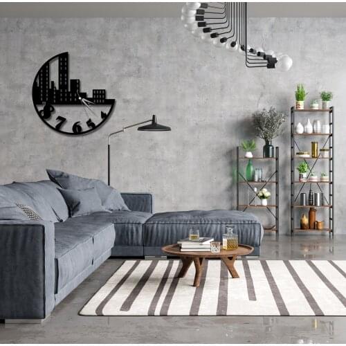 City Large Black Metal Quiet Wall Clock Modern Stylish Design Unique Items for Study Room Living Room Home Office Decoration