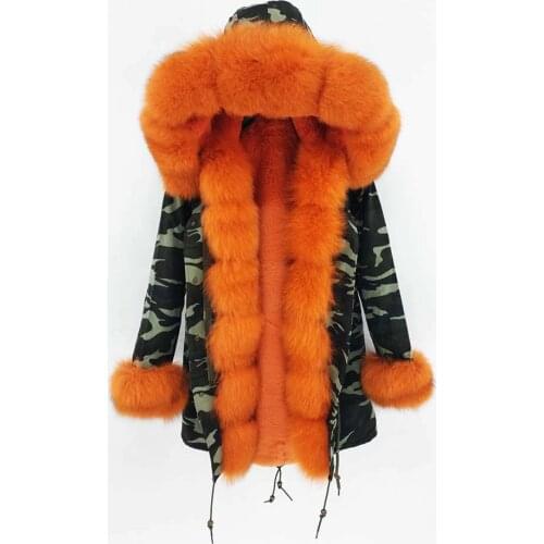 Large Fox Fur Coat Camouflage Jacket Real Fur with Luxury Warm Natural Parka Winter Faux Rabbit Fur 2020 Women Liner Army Green