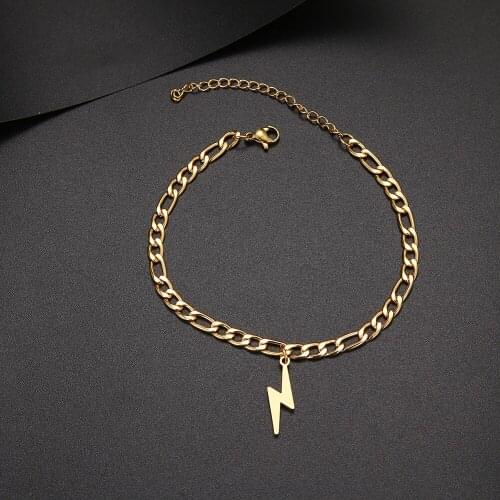 CACANA 316L Stainless Steel Bracelet Curb Cuban Link Gold Color Chain Lightning Fashion Bracelets for Men Women Jewelry Gifts