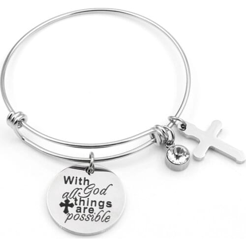 VILLWICE Cross Charm Bracelet Bangle Stainless Steel Bracelet Engraved 'with god all things are possible' Christian Jewelry Gift