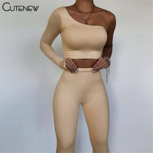 Cutenew Fashion Casual Slim Women Stretch One Shoulder Top And Trousers Two Piece Set 2021 Summer Fitness Sportswear Female Suit