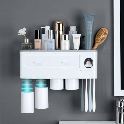 Toothbrush Holder Automatic Toothpaste Dispenser with Cups Wall Mount Storage Rack Bathroom Accessories Set Tooth Brush Holder