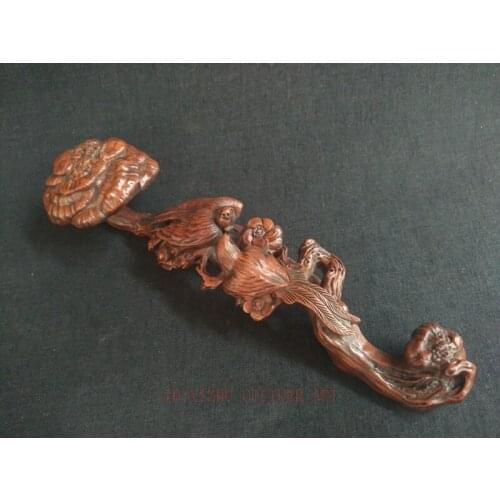 YIZHU CULTUER ART Collected China Old Boxwood Hand Carved Beautiful Flowers Bird Ru Yi Decoration