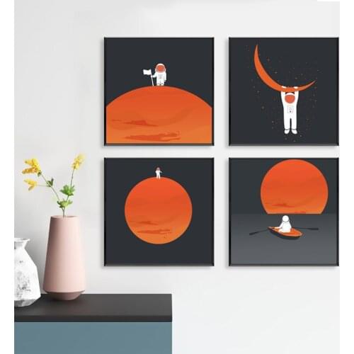 Cartoon Astronaut Moon Starry Sky Bright orange Black Canvas Painting Posters Wall Art Pictures For Childrens Room Home Decor