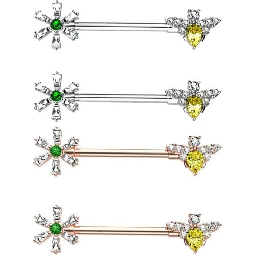 2PC Women Nipple Rings 14G Stainless Steel Nipple Rings Tongue Rings Barbell Flower Shape Body Piercing Jewelry