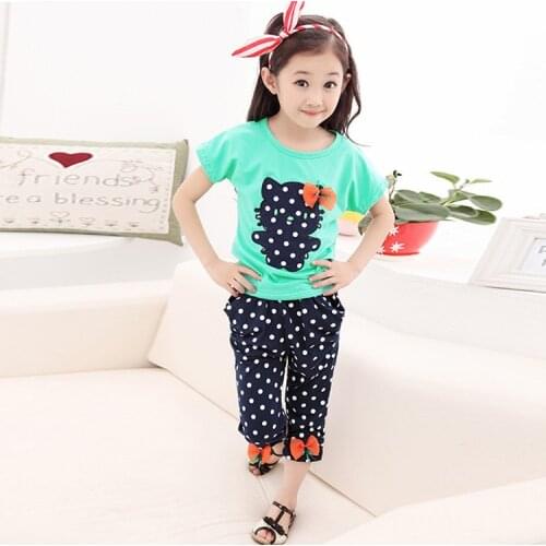2020 summer kids clothes sets girls Short sleeve+Haren pants Suit Elastic force polka Dot Cropped Trousers baby tees tops cats