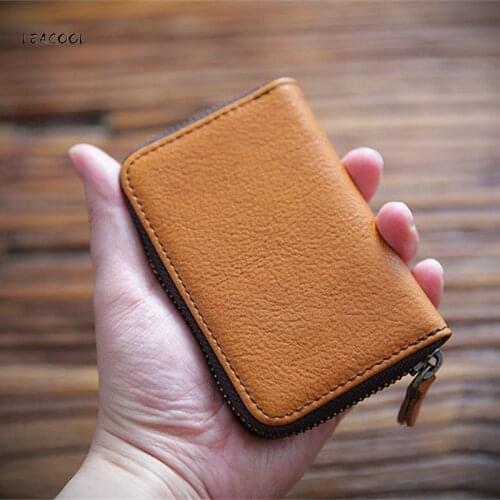 LEACOOL Genuine Leather Men Women Card Holder Small Zipper Wallet Solid Coin Purse Accordion Design ID Business Credit Card Bags