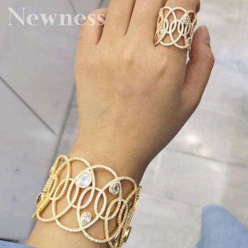 Newness Luxury Delicate Line Flower Cubic Zirconia Luxury Super Copper Women Party Engagement Width Bracelet Bangle And Ring Set