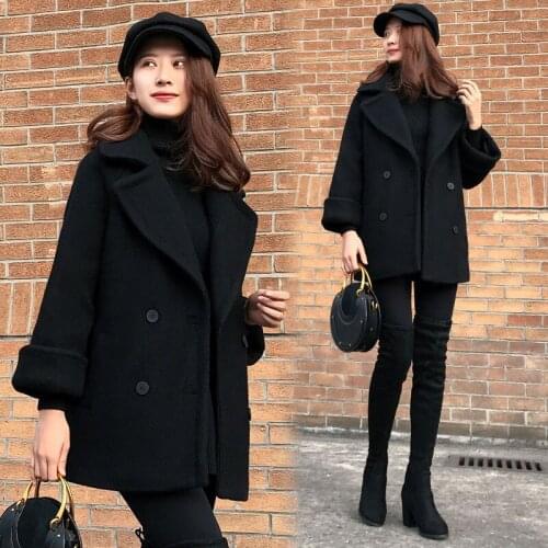 2021 Winter New Women Wool Coat Thickened Loose Black Woolen Double Breasted Ladies Coats Fashion Womens Clothes