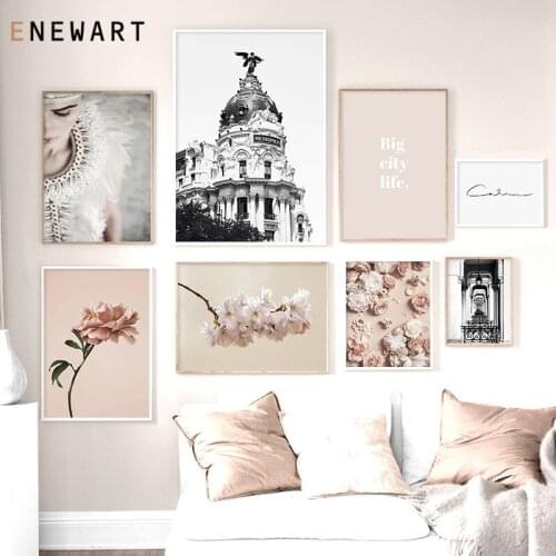 Pink Rose Flower Quote Posters and Prints Black and White City Landscape Canvas Painting for Living Room Wall Art Home Decor