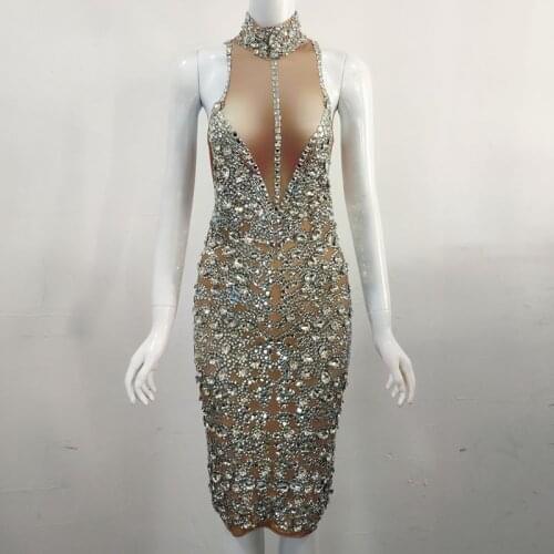 Luxurious Silver Rhinestones Stretch Dress Sleeveless Shining Crystals Dresses Birthday Party Celebrate Dress Nightclub Outfit