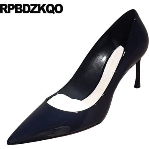 Scarpin Navy Blue Pumps Dress Women Pointed Toe Size 4 34 White 3 Inch Classic 33 Shoes Patent Leather Medium Heels High 2018