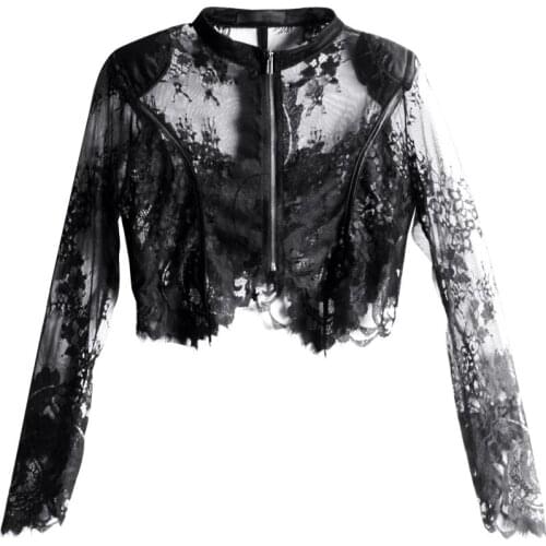 Sexy Black See-Through Lace Sunscreen Clothes Women Dark Punk Style Short Long-Sleeved Loose Fashion Zipper Cardigan Summer