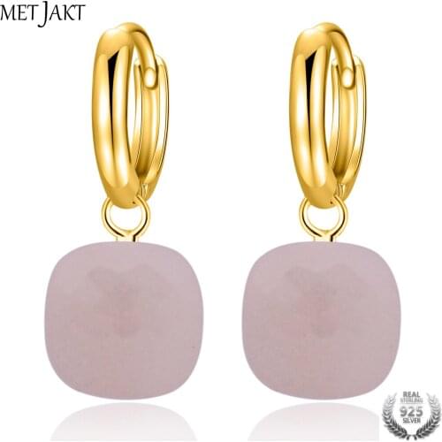MetJakt Natural Pink Agate Solid 925 Sterling Silver Gold Color Hook Earring for Lady Wedding,party,anniversary Jewelry