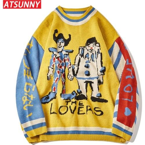 ATSUNNY Clown Embroidery Harajuku Sweater Retro Style Knitted Sweater Autumn Cotton Pullover