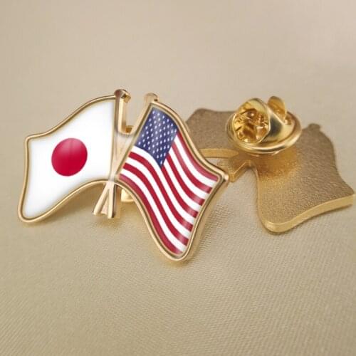 Japan and United States Crossed Double Friendship Flags Lapel Pins Brooch Badges