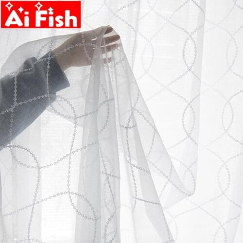 Geometry Curve White Embroidery Tulle Curtains for Living Room Modern Sheer Curtain for Bedroom Window Blind Voile MY189-3