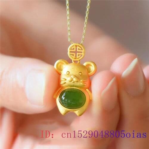 Green Jade Mouse Pendant Necklace Chinese Charm Gifts Gemstone Women Zircon Chalcedony Amulet Natural 925 Silver Fashion