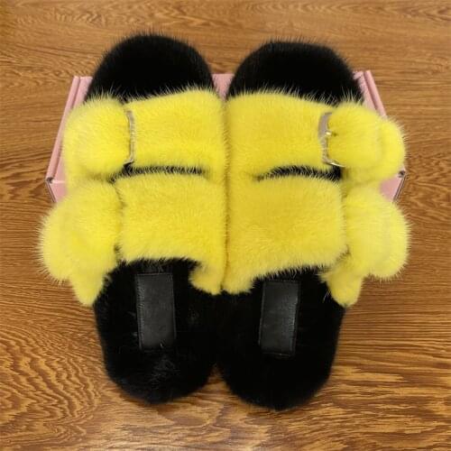 Women Luxury Shoe,Fur Slippers ,Sandals Women Summer New 2020 , Shoe Girl , Mink Fur Slides , Genuine Leather Sandals Woman