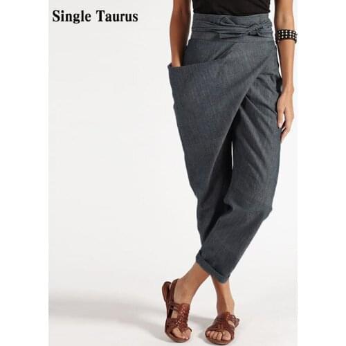 Linen Cotton Pants Women Office Lady High Waist Trousers Casual Fashion Loose Gray Ankle Length with Sashes Minimalist Clothes