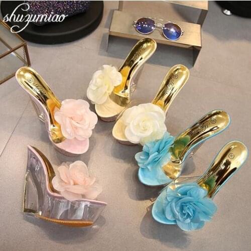 Female Sheos Thick Bottom Super High Heel 14cm Slipper, High Transparent Special-shaped Crystal Shoes,Platforms, Slope Heel