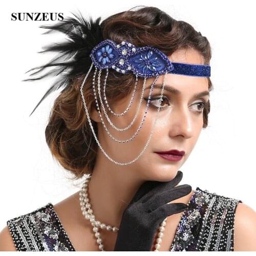 Women Performance Headwear Beaded Crystal Royal Blue Hair Accessories 2021 Vintage Headwear Beaded Chain pamelas para bodas BQ13